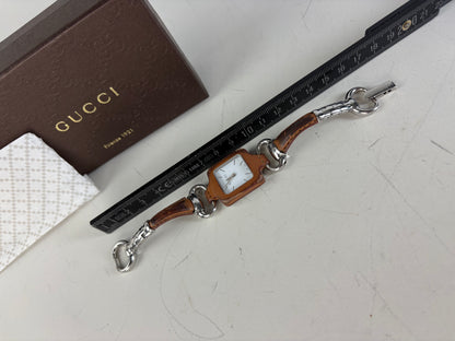 Vintage Gucci Stainless Steel Leather Bracelet Watch Brown Silver