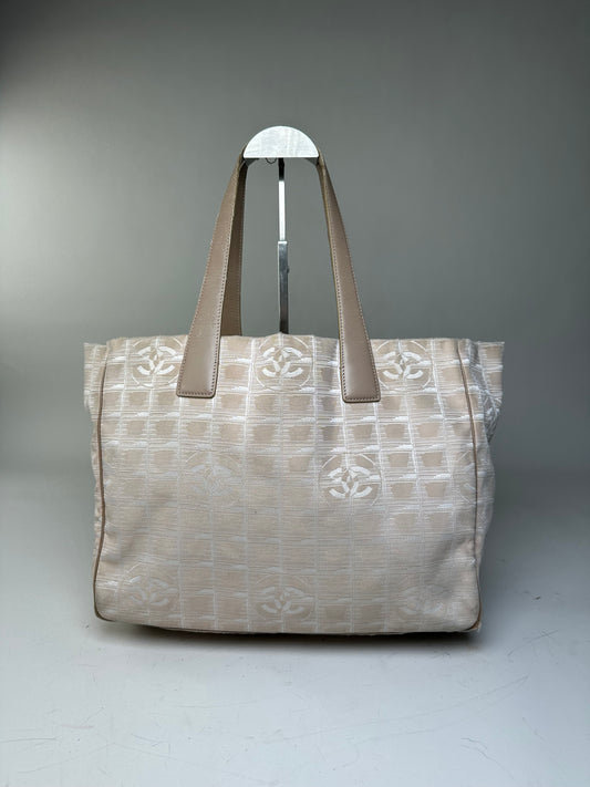 Vintage Chanel Fabric Leather Trim Tote Cream Silver