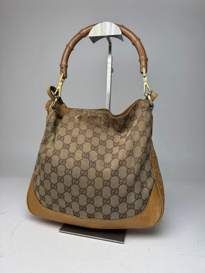 Vintage Gucci Monogram 2Way Bamboo Top Handle Bag Beige