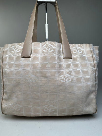 Vintage Chanel Fabric Leather Trim Tote Cream Silver