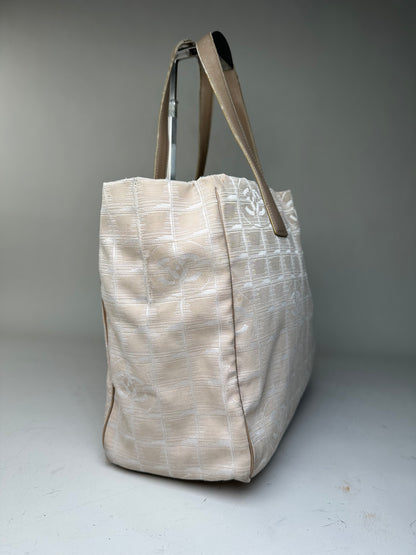 Vintage Chanel Fabric Leather Trim Tote Cream Silver