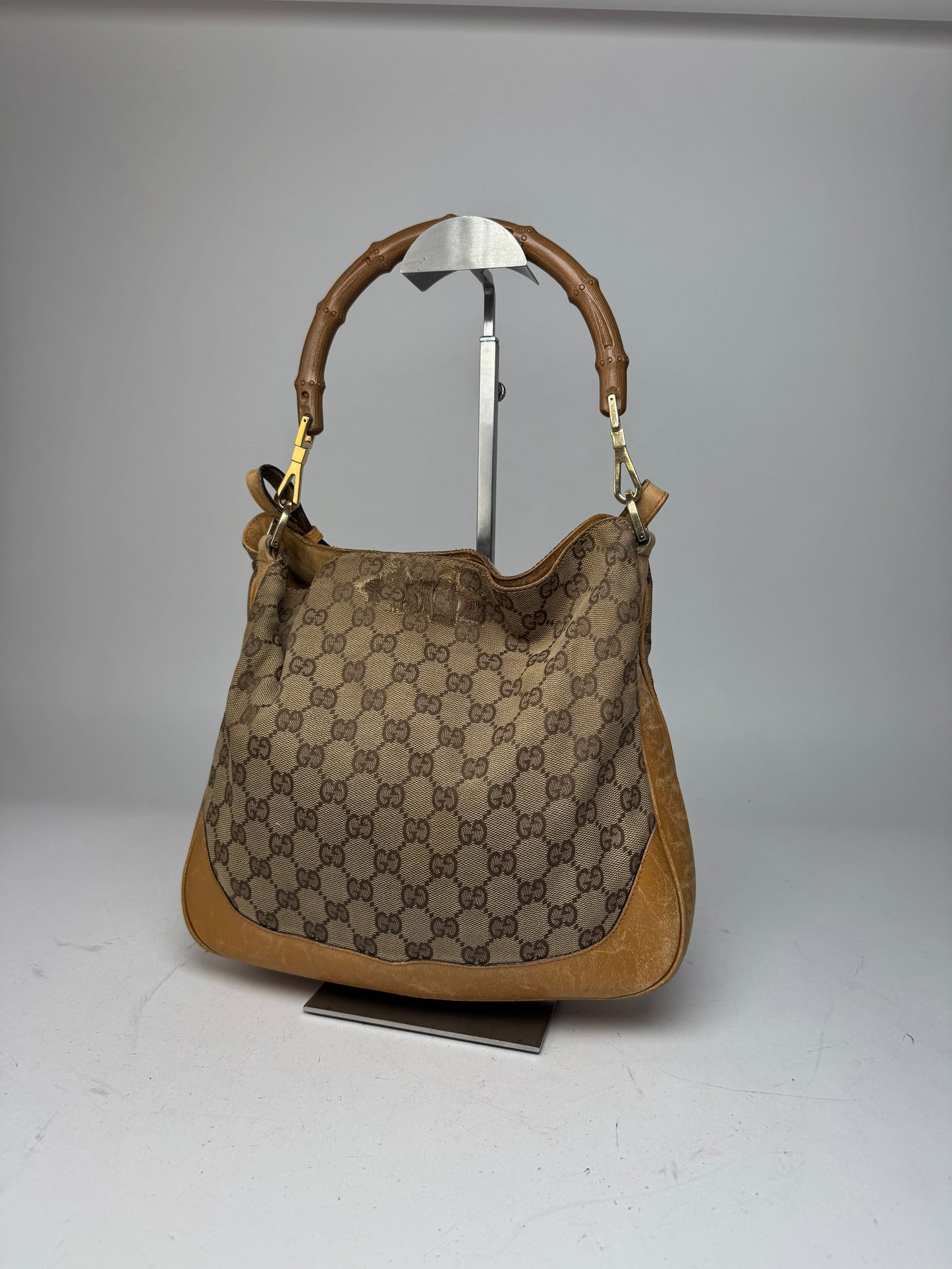 Vintage Gucci Monogram 2Way Bamboo Top Handle Bag Beige