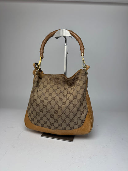 Vintage Gucci Monogram 2Way Bamboo Top Handle Bag Beige