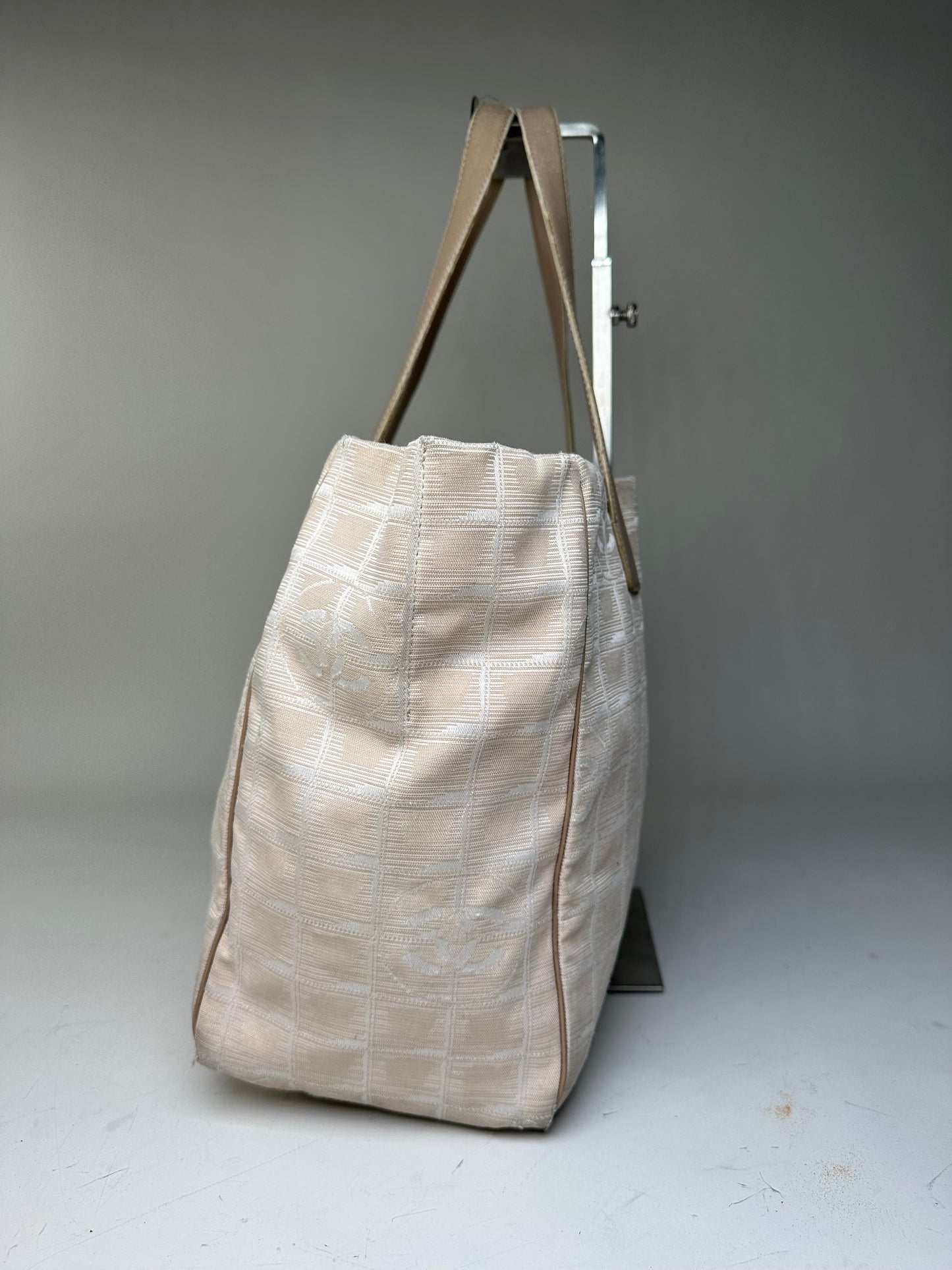 Vintage Chanel Fabric Leather Trim Tote Cream Silver