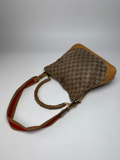 Vintage Gucci Monogram 2Way Bamboo Top Handle Bag Beige