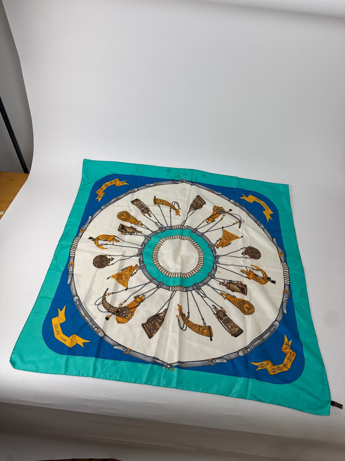Vintage Celine Silk Scarf Turquoise Blue white