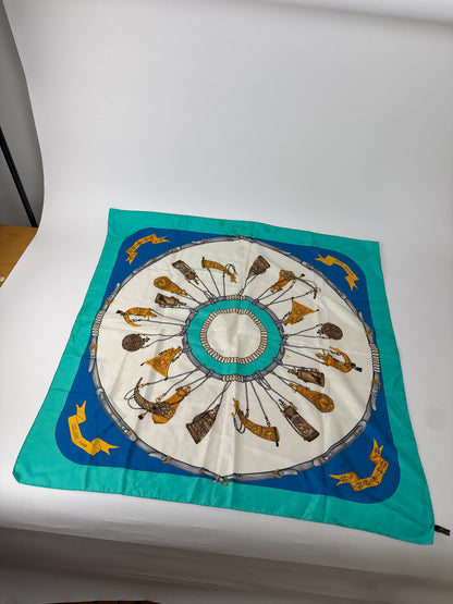 Vintage Celine Silk Scarf Turquoise Blue white