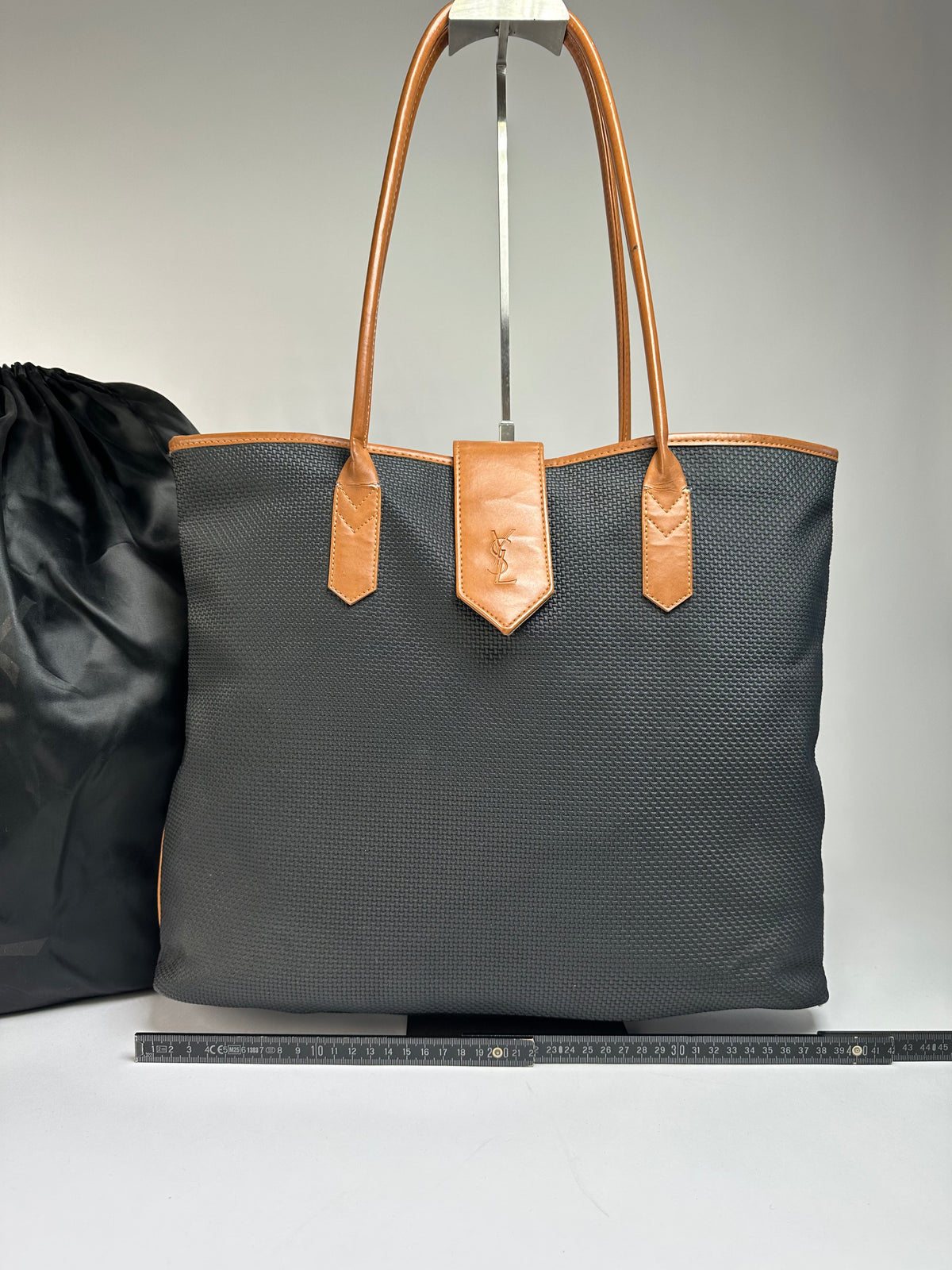 Vintage Yves Saint Laurent Canvas Leather Trim Tote Late 1990s Black Cognac