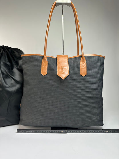 Vintage Yves Saint Laurent Canvas Leather Trim Tote Late 1990s Black Cognac