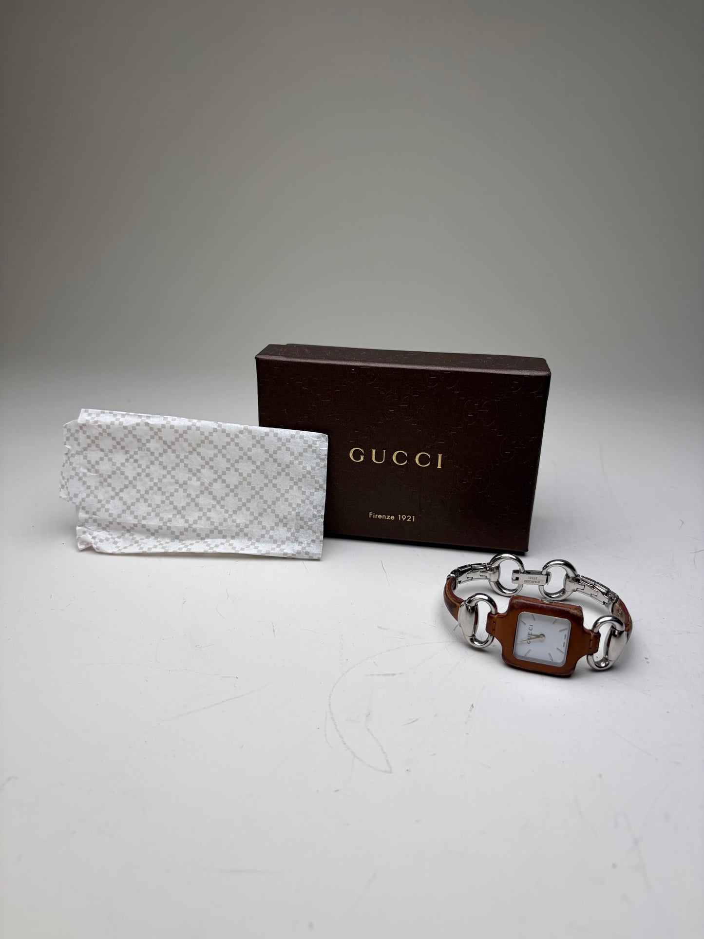 Vintage Gucci Stainless Steel Leather Bracelet Watch Brown Silver