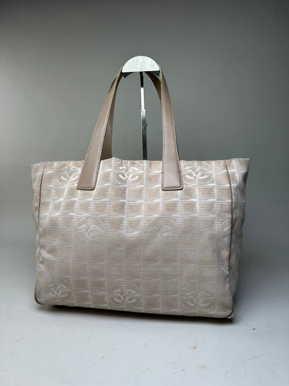 Vintage Chanel Fabric Leather Trim Tote Cream Silver