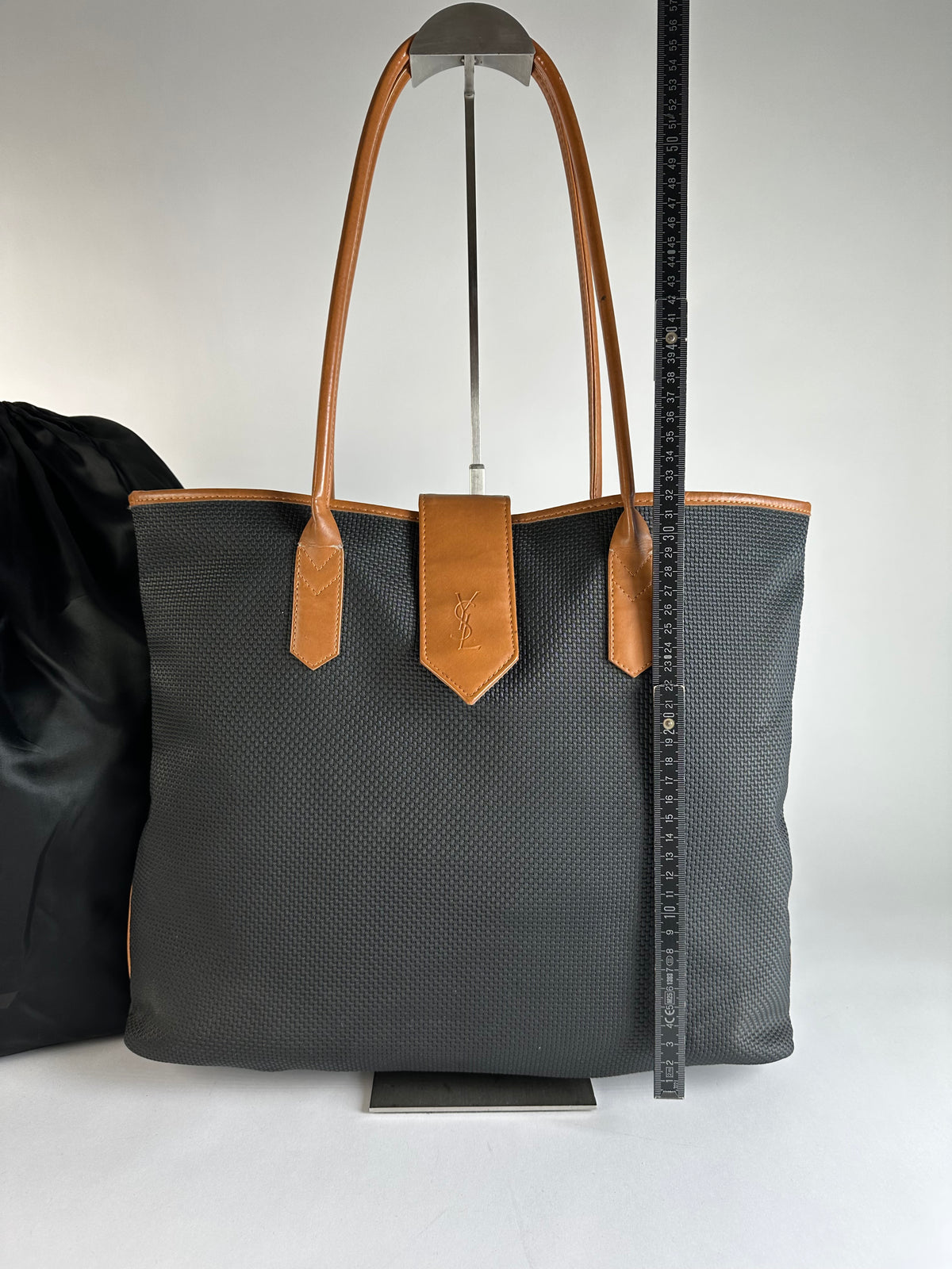 Vintage Yves Saint Laurent Canvas Leather Trim Tote Late 1990s Black Cognac