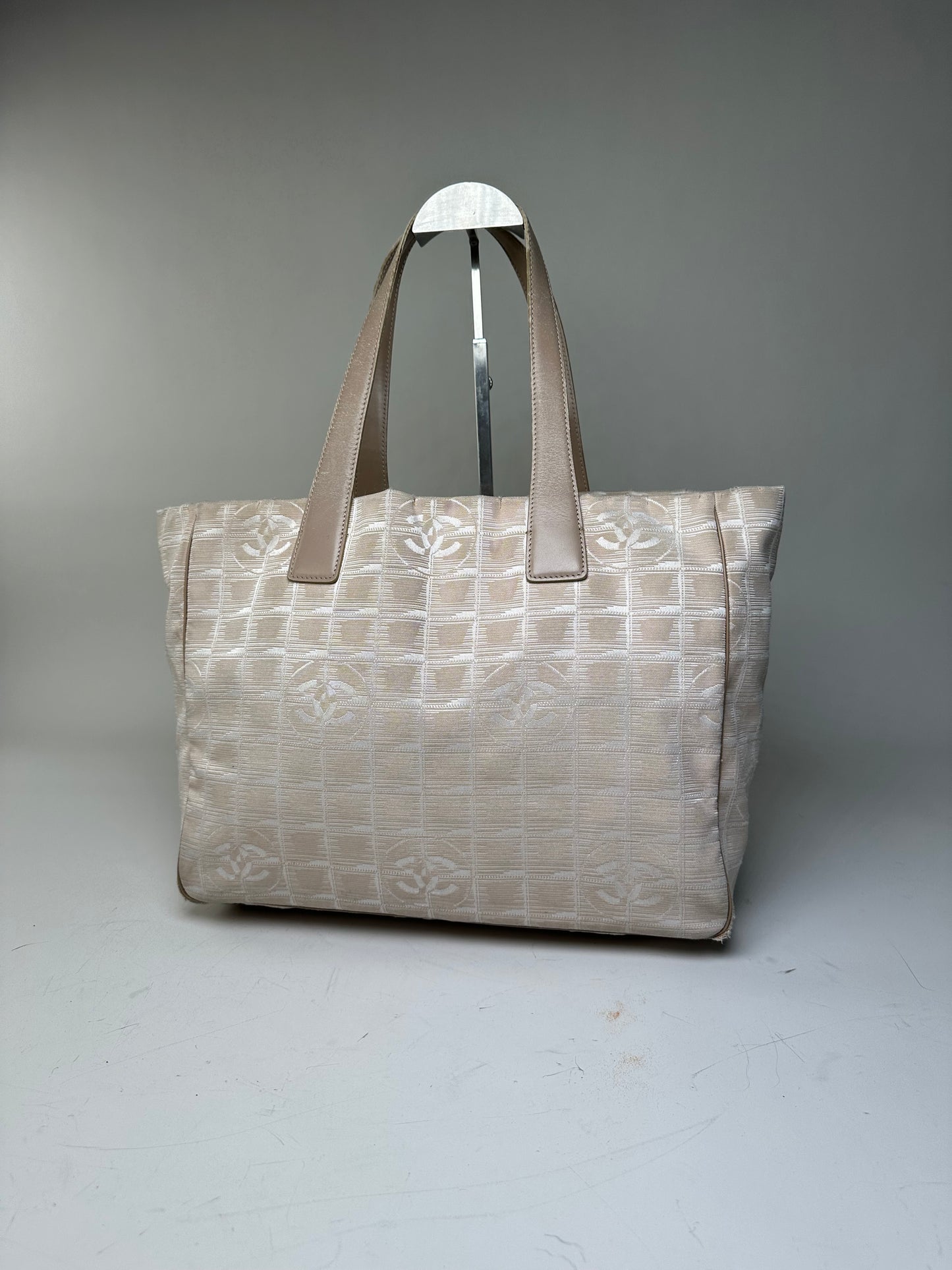 Vintage Chanel Fabric Leather Trim Tote Cream Silver
