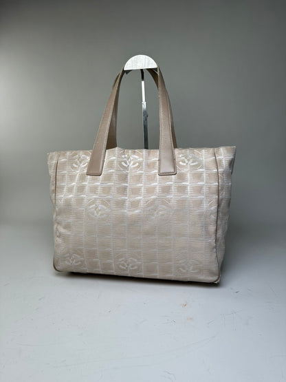 Vintage Chanel Fabric Leather Trim Tote Cream Silver