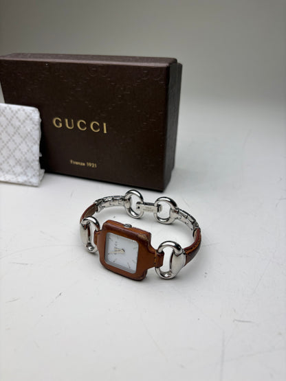 Vintage Gucci Stainless Steel Leather Bracelet Watch Brown Silver