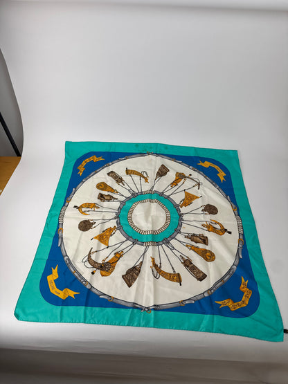 Vintage Celine Silk Scarf Turquoise Blue white