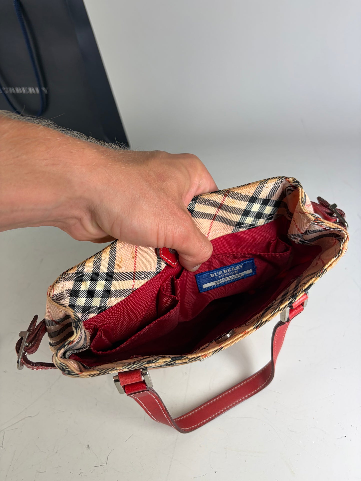 Vintage Burberry Check Canvas Tote Bag Beige Black Red