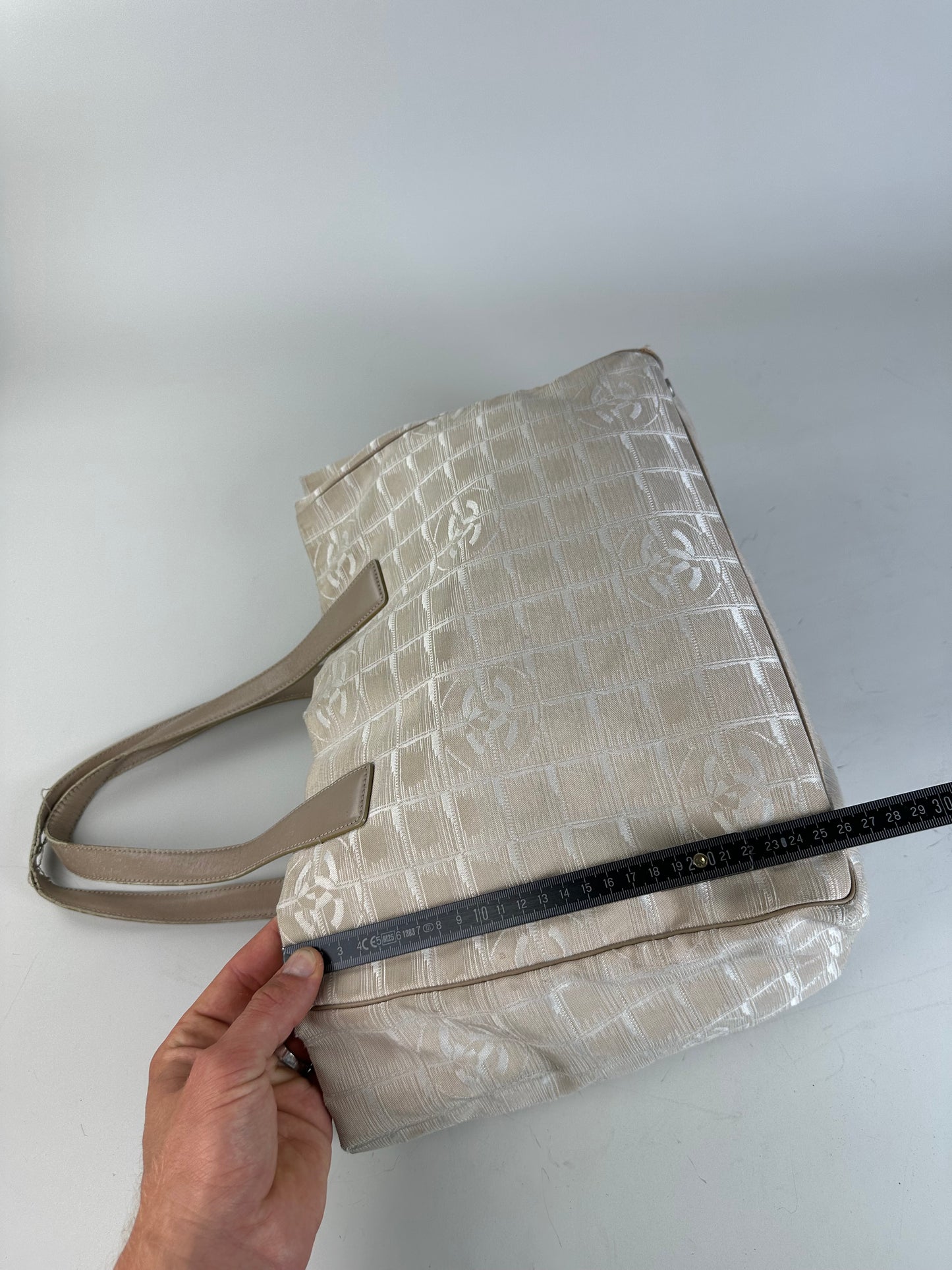 Vintage Chanel Fabric Leather Trim Tote Cream Silver