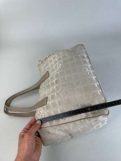 Vintage Chanel Fabric Leather Trim Tote Cream Silver