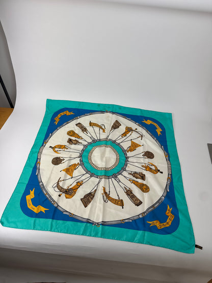 Vintage Celine Silk Scarf Turquoise Blue white