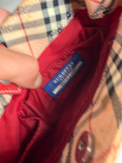 Vintage Burberry Check Canvas Tote Bag Beige Black Red