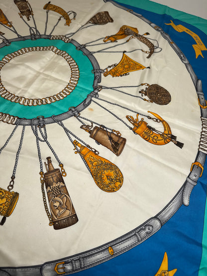 Vintage Celine Silk Scarf Turquoise Blue white