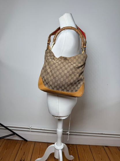 Vintage Gucci Monogram 2Way Bamboo Top Handle Bag Beige