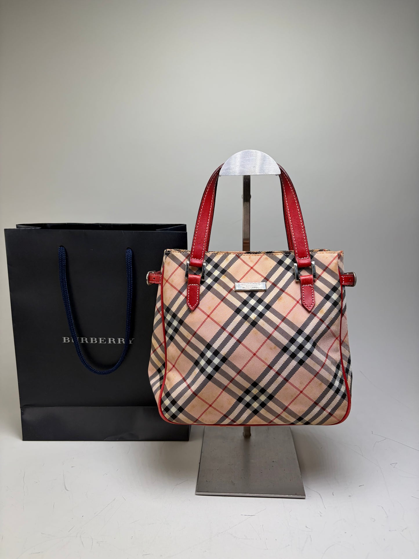 Vintage Burberry Check Canvas Tote Bag Beige Black Red