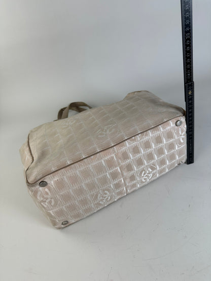 Vintage Chanel Fabric Leather Trim Tote Cream Silver