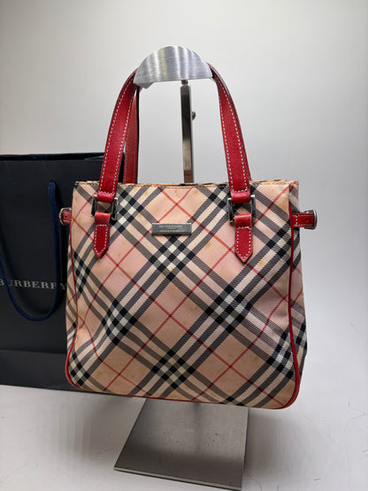 Vintage Burberry Check Canvas Tote Bag Beige Black Red