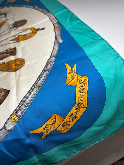 Vintage Celine Silk Scarf Turquoise Blue white