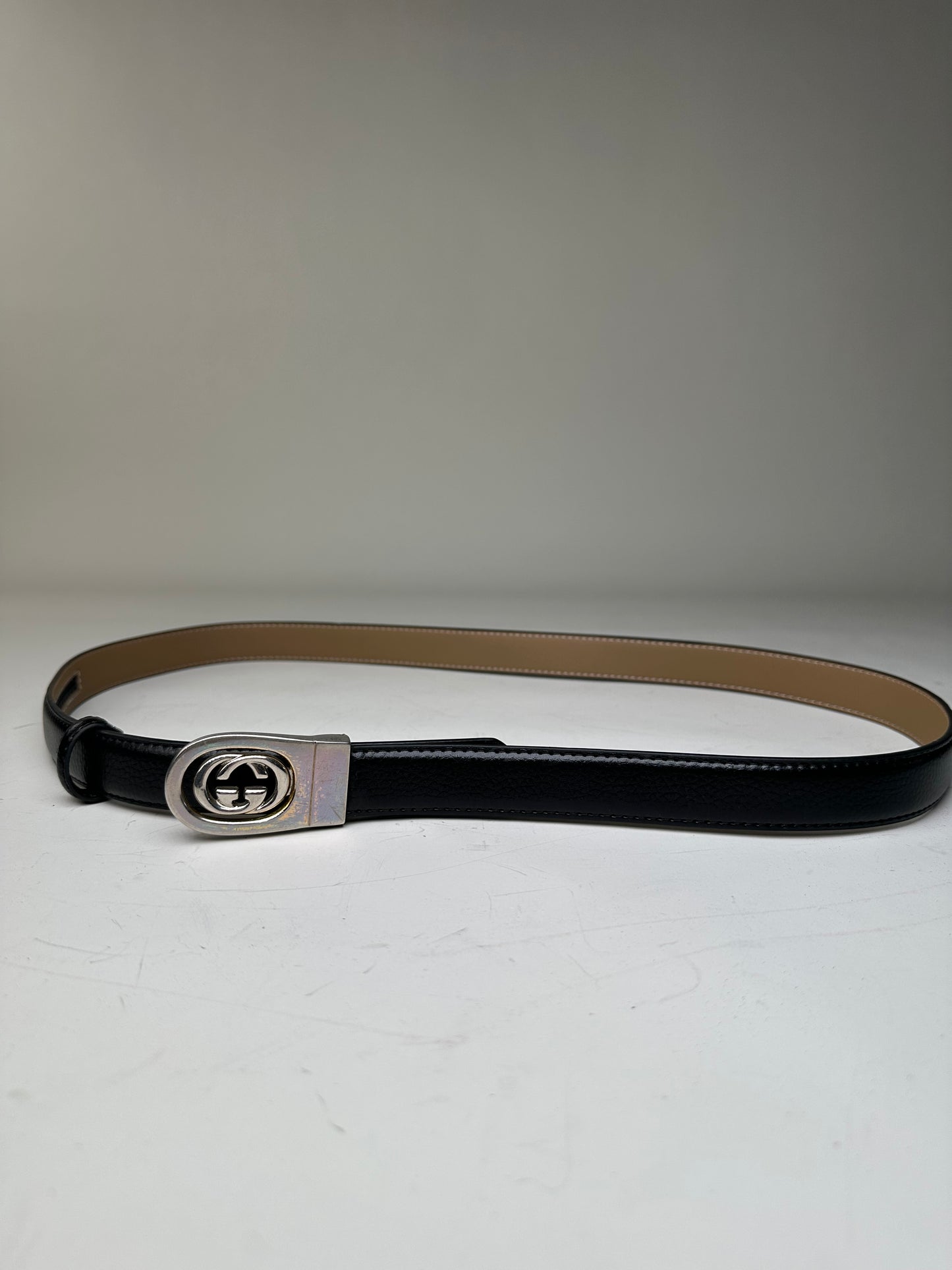 Vintage Gucci Interlocking GG Leather Belt Black Beige Silver