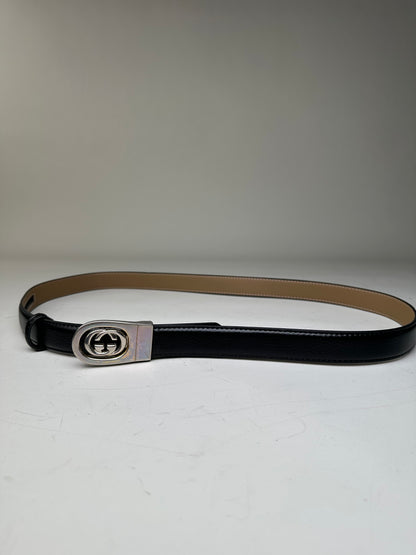 Vintage Gucci Interlocking GG Leather Belt Black Beige Silver