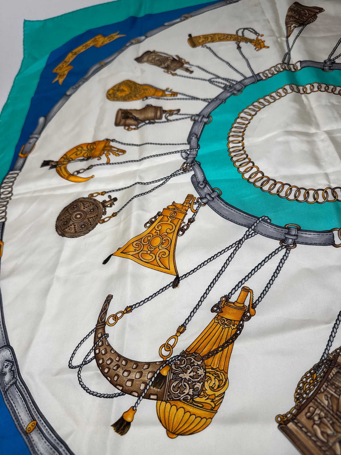 Vintage Celine Silk Scarf Turquoise Blue white