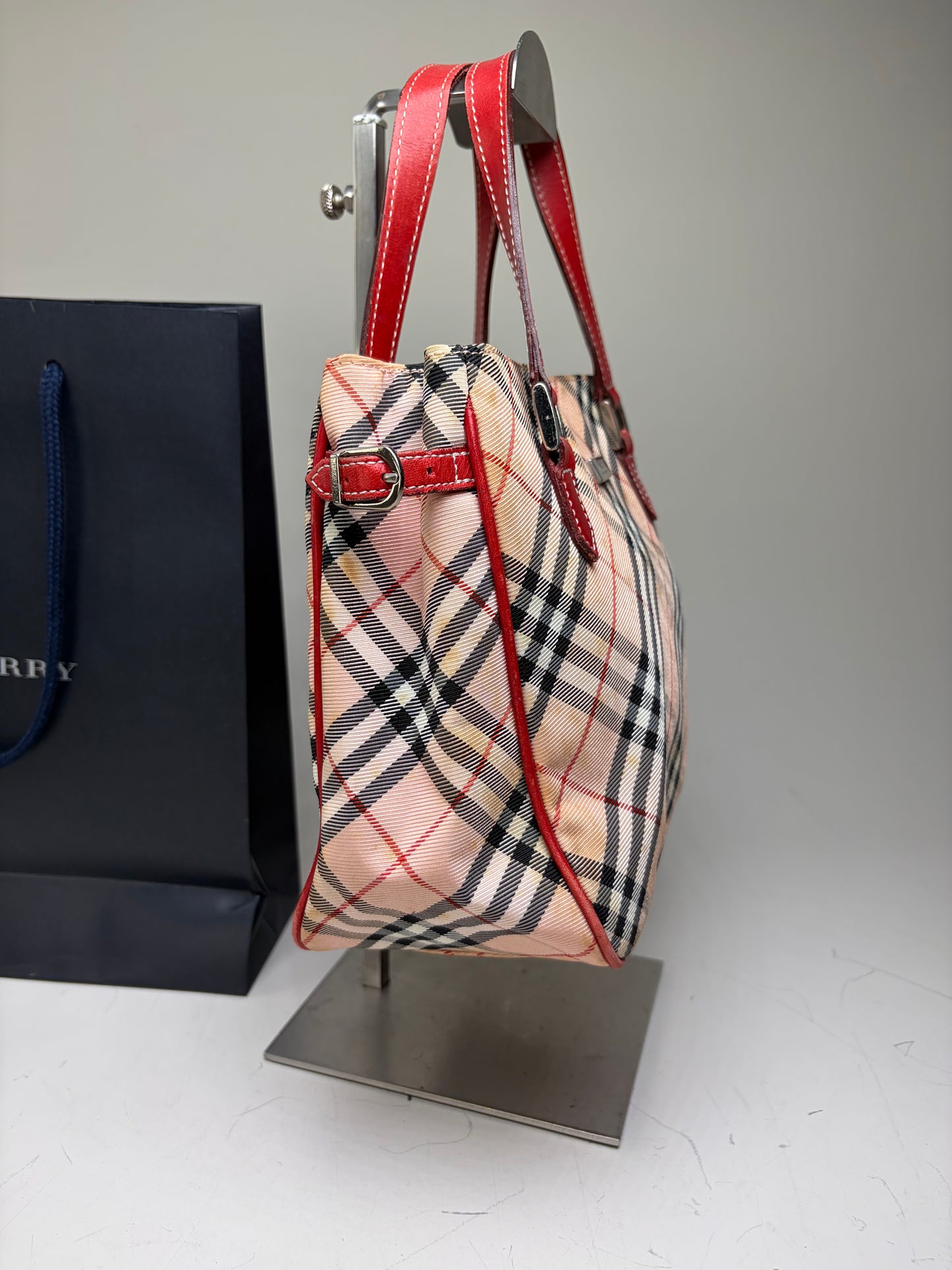 Vintage Burberry Check Canvas Tote Bag Beige Black Red