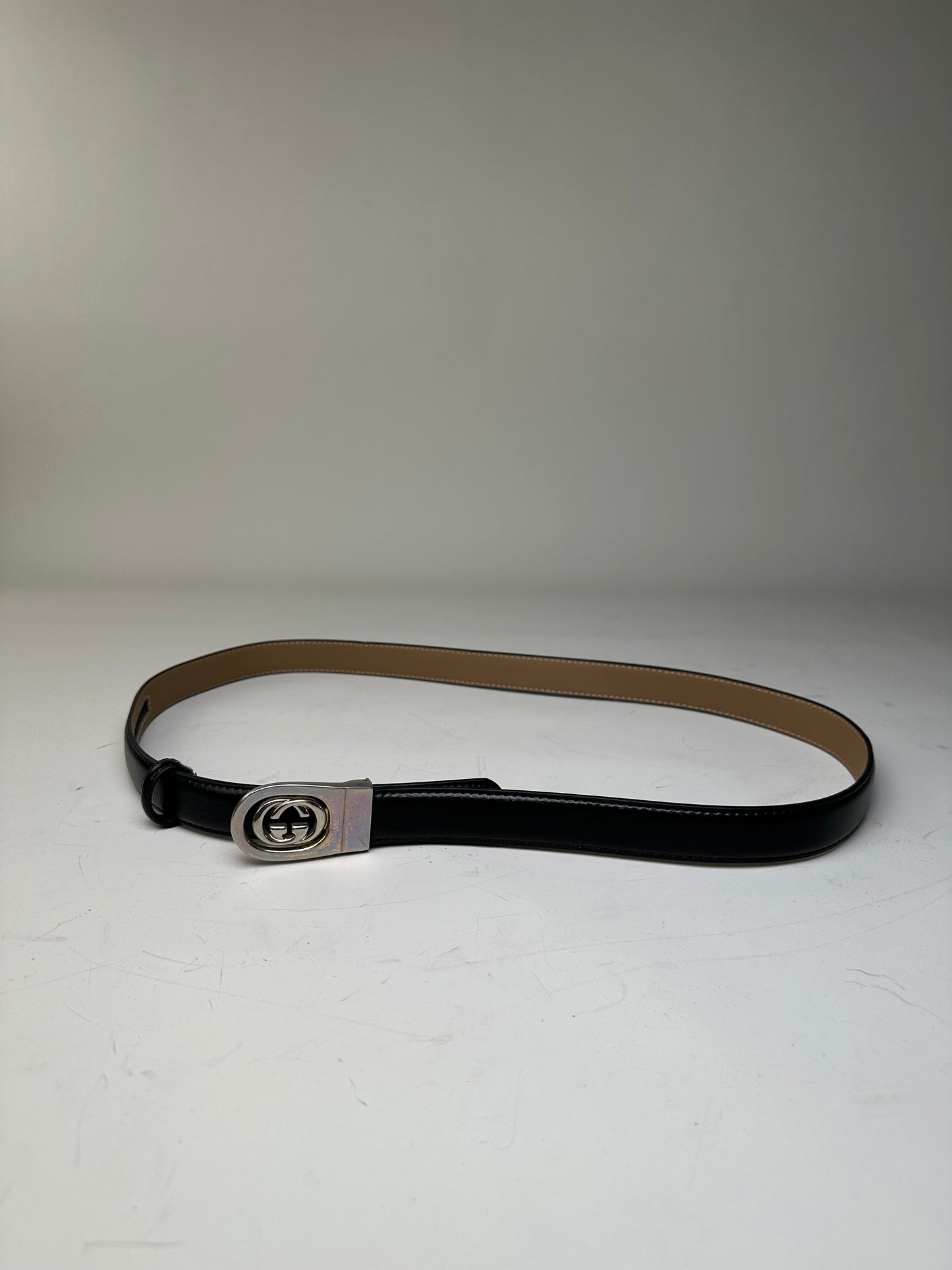 Vintage Gucci Interlocking GG Leather Belt Black Beige Silver