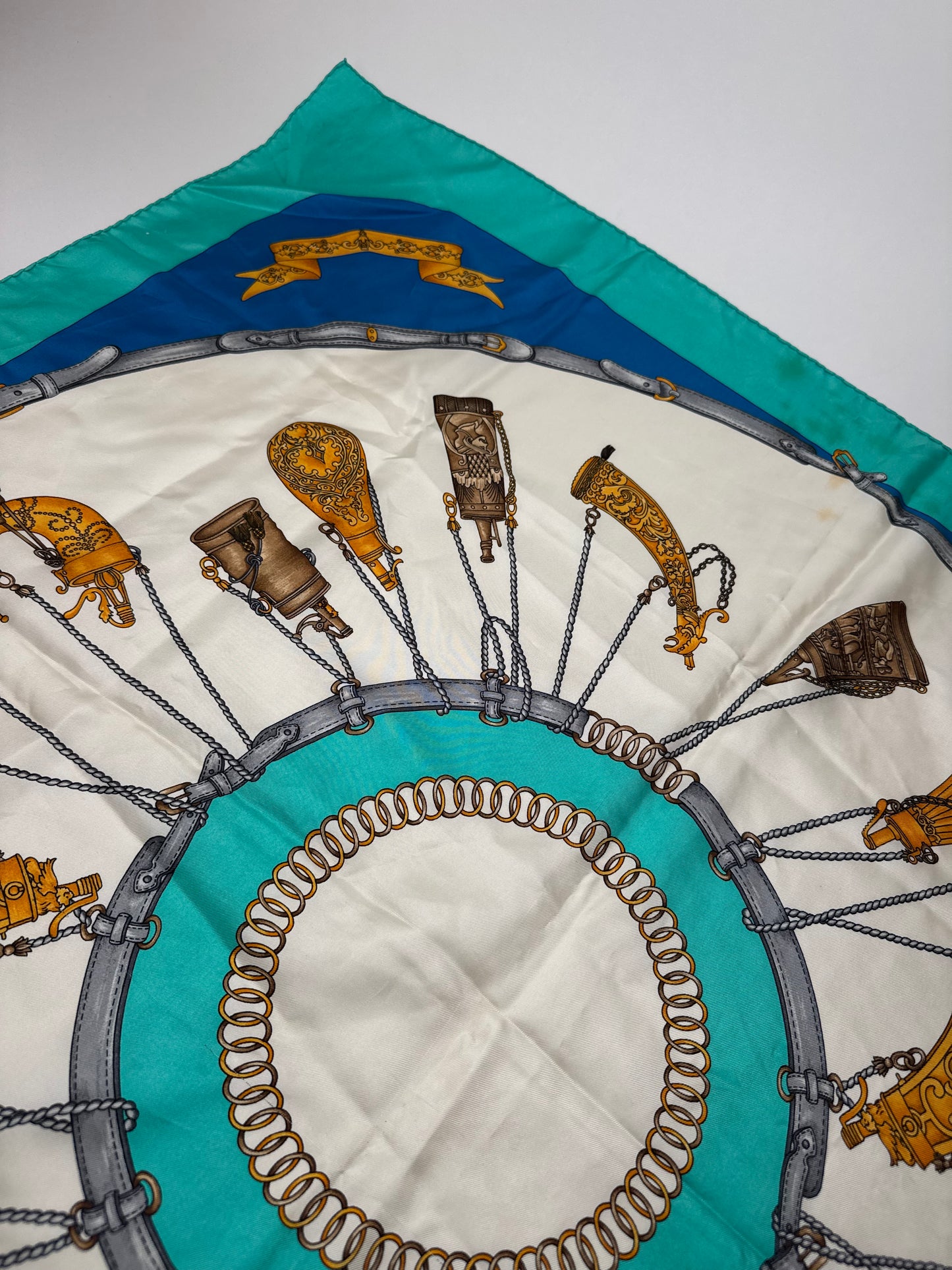 Vintage Celine Silk Scarf Turquoise Blue white