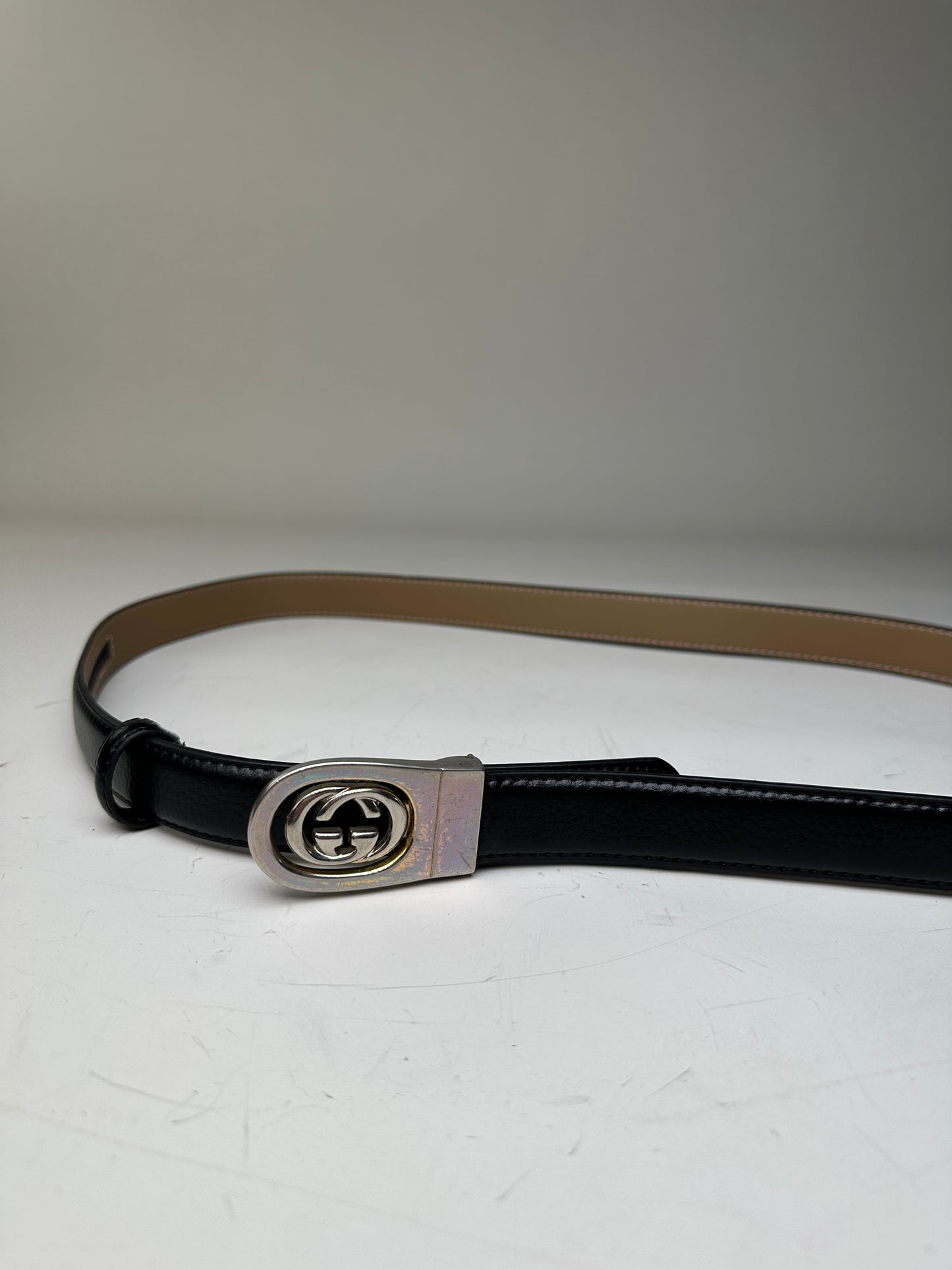 Vintage Gucci Interlocking GG Leather Belt Black Beige Silver
