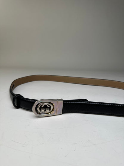 Vintage Gucci Interlocking GG Leather Belt Black Beige Silver