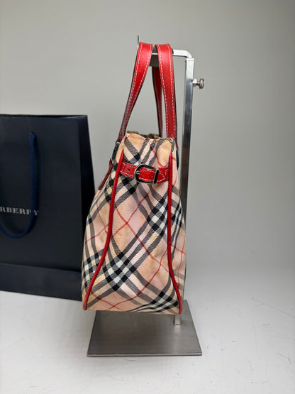 Vintage Burberry Check Canvas Tote Bag Beige Black Red