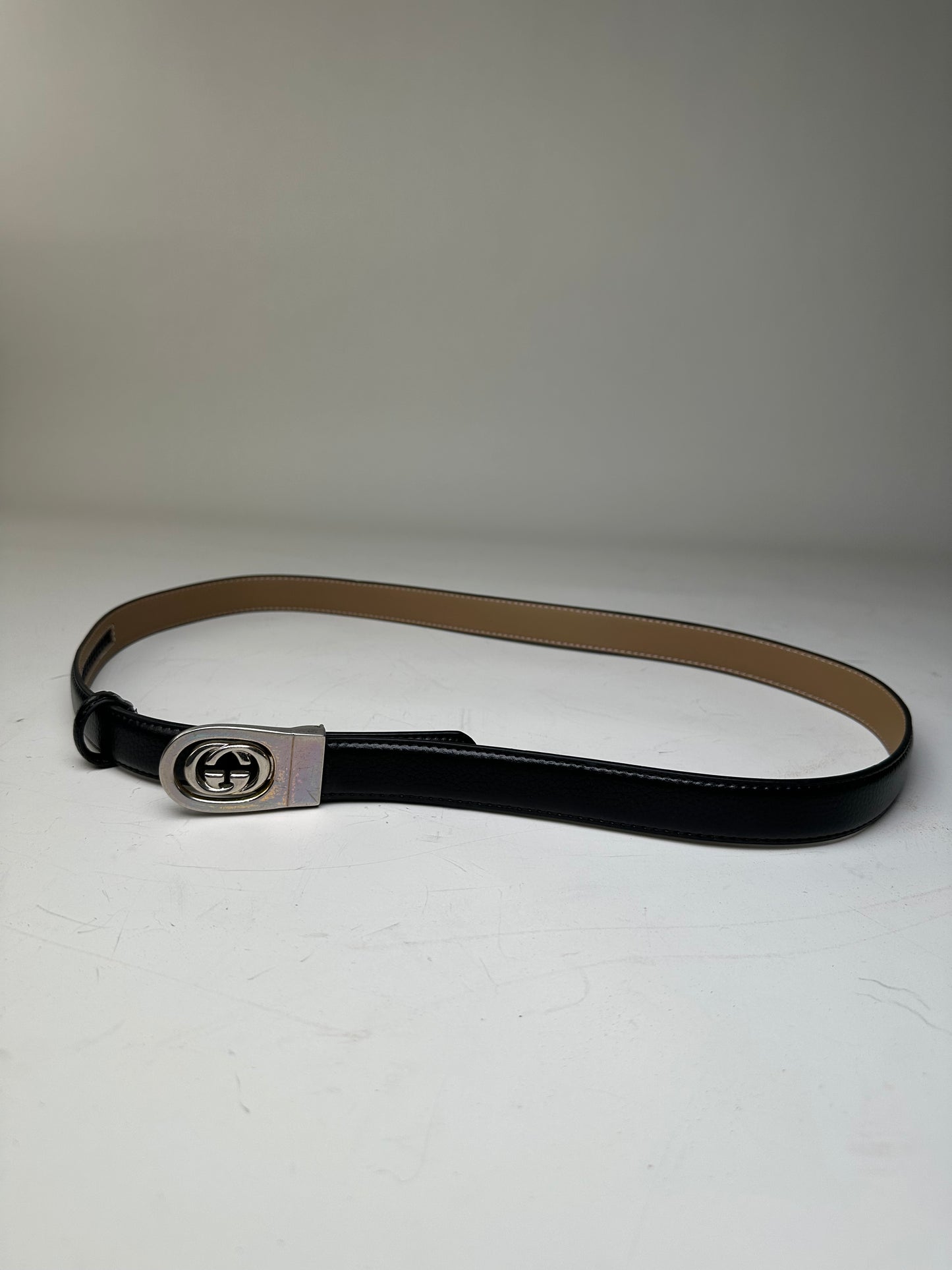 Vintage Gucci Interlocking GG Leather Belt Black Beige Silver