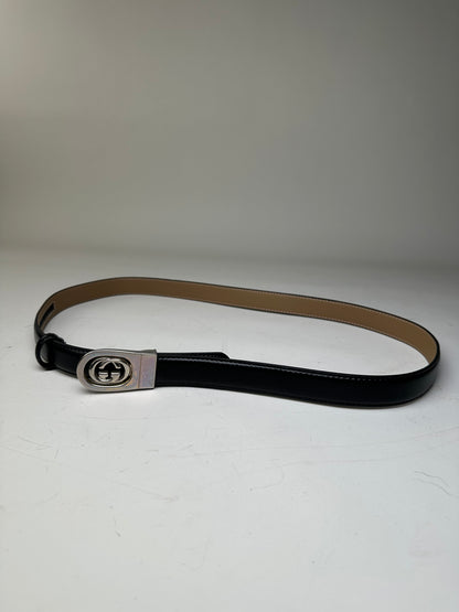 Vintage Gucci Interlocking GG Leather Belt Black Beige Silver