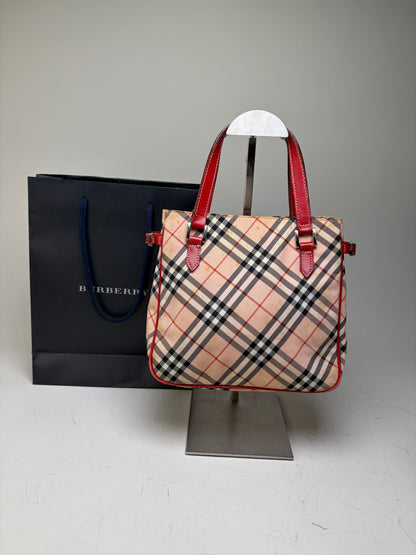 Vintage Burberry Check Canvas Tote Bag Beige Black Red