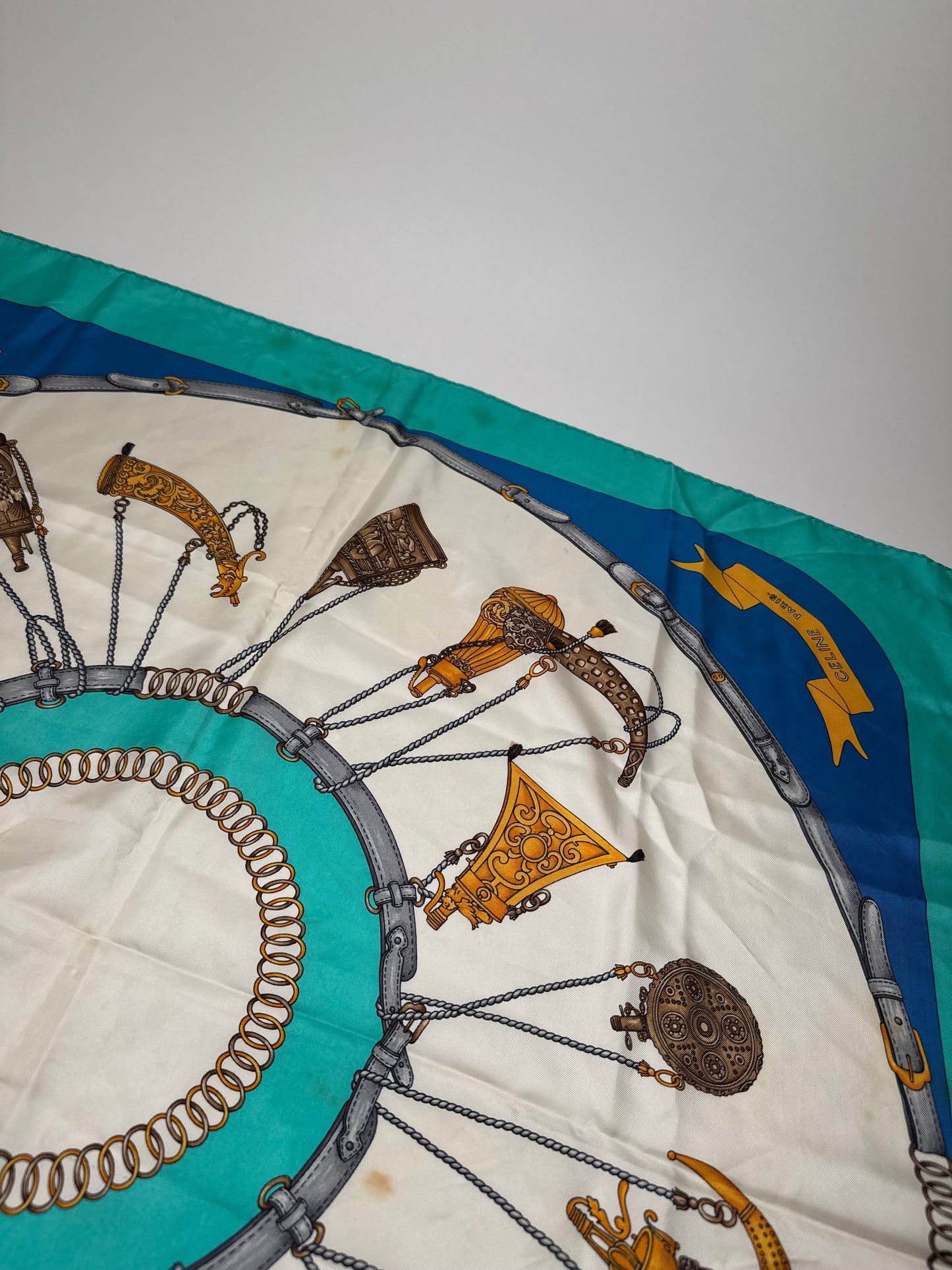 Vintage Celine Silk Scarf Turquoise Blue white