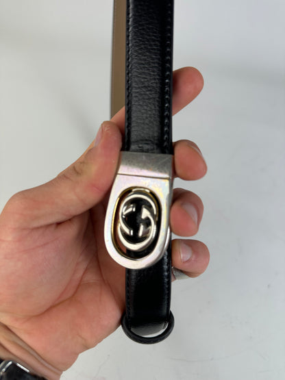 Vintage Gucci Interlocking GG Leather Belt Black Beige Silver