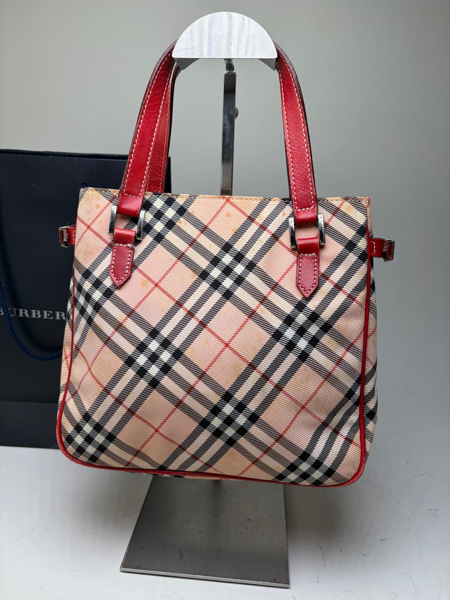 Vintage Burberry Check Canvas Tote Bag Beige Black Red