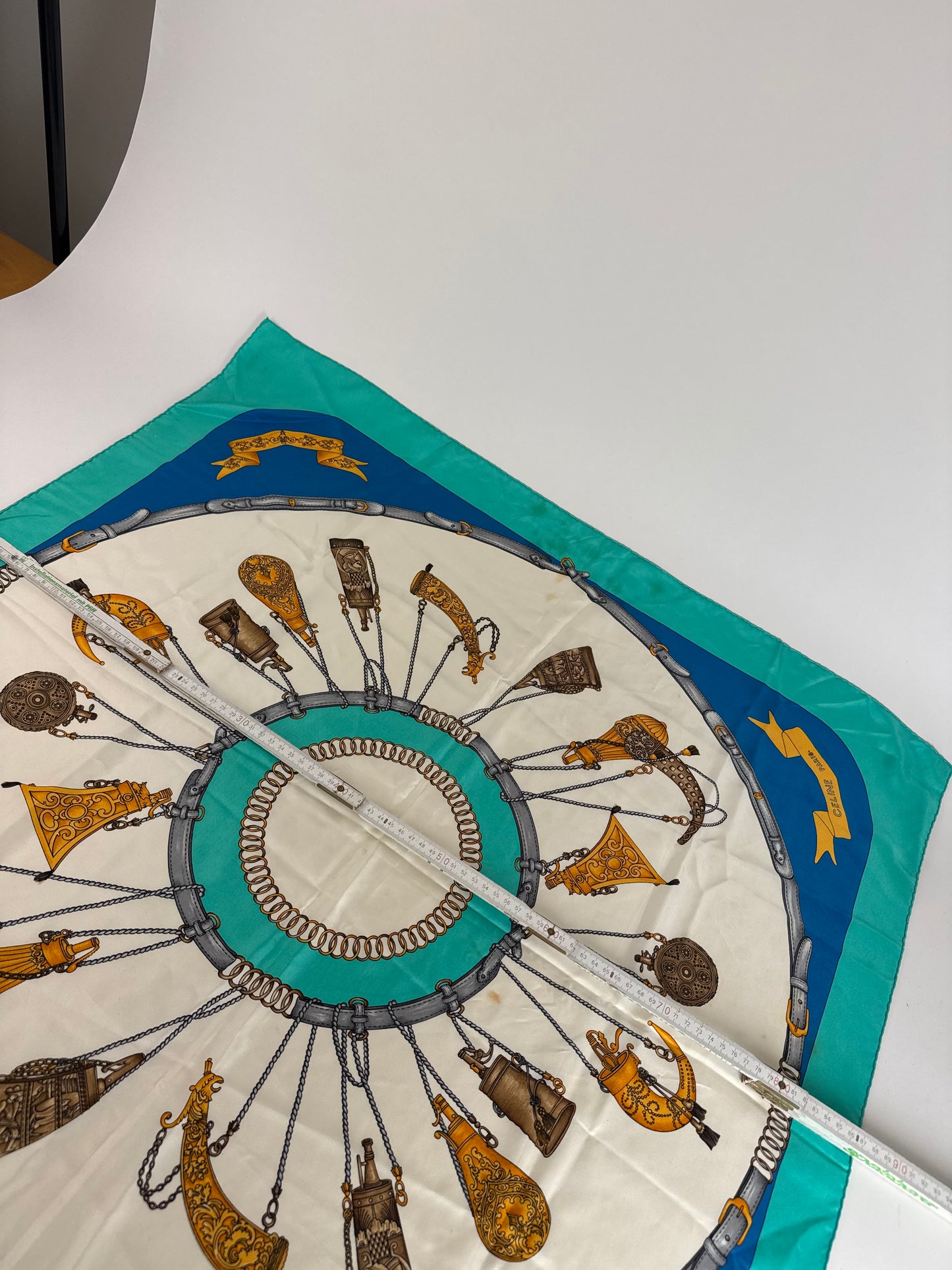 Vintage Celine Silk Scarf Turquoise Blue white
