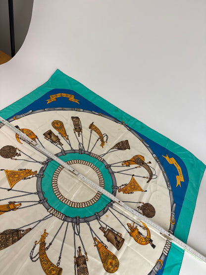 Vintage Celine Silk Scarf Turquoise Blue white