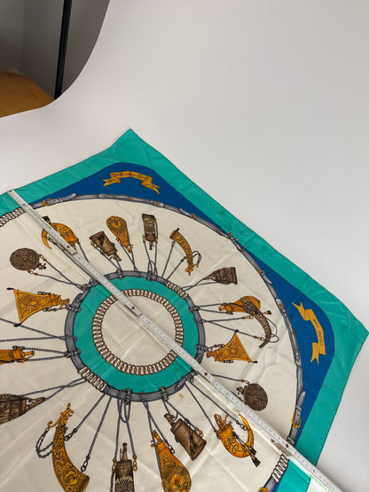 Vintage Celine Silk Scarf Turquoise Blue white