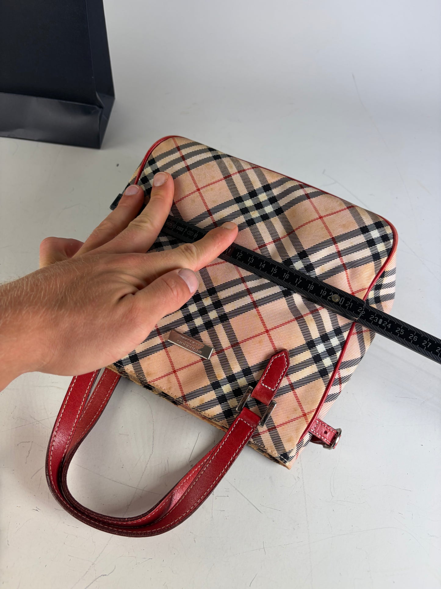 Vintage Burberry Check Canvas Tote Bag Beige Black Red